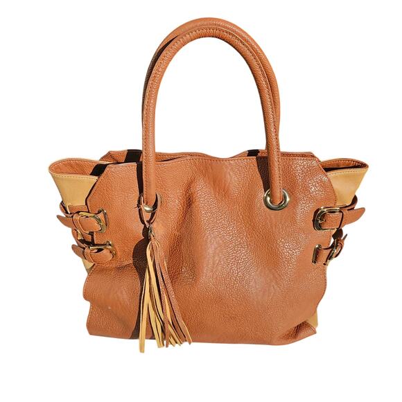 Huge Steve Madden Satchel, Camel Color, Buckle and Tassel Detail Faux Leather - Picture 2 of 11